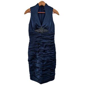 Cachet Ruched Blue Sleeveless Shimmer Party Cocktail V-Neck Embellished Dress 6